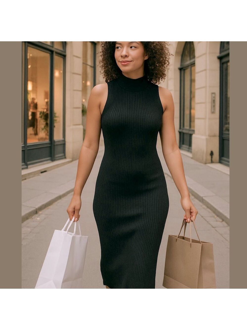 70s COTTON MOCKNECK RIBBED BODYCON SLEEVELESS MAXI SWEATER DRESS MINIMALIST SZ S